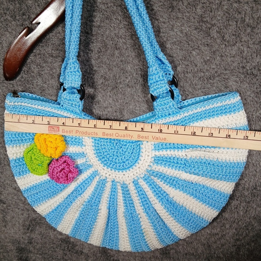 Women's Crotchet Purse Bag Tote Handmade Round Flowers Blue White NEW! - Picture 7 of 12